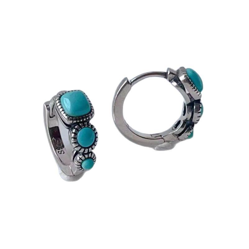 Imitation Natural Turquoise Square Ear Buckles, Retro Imitation Silver Original Design Couple Ear Jewelry