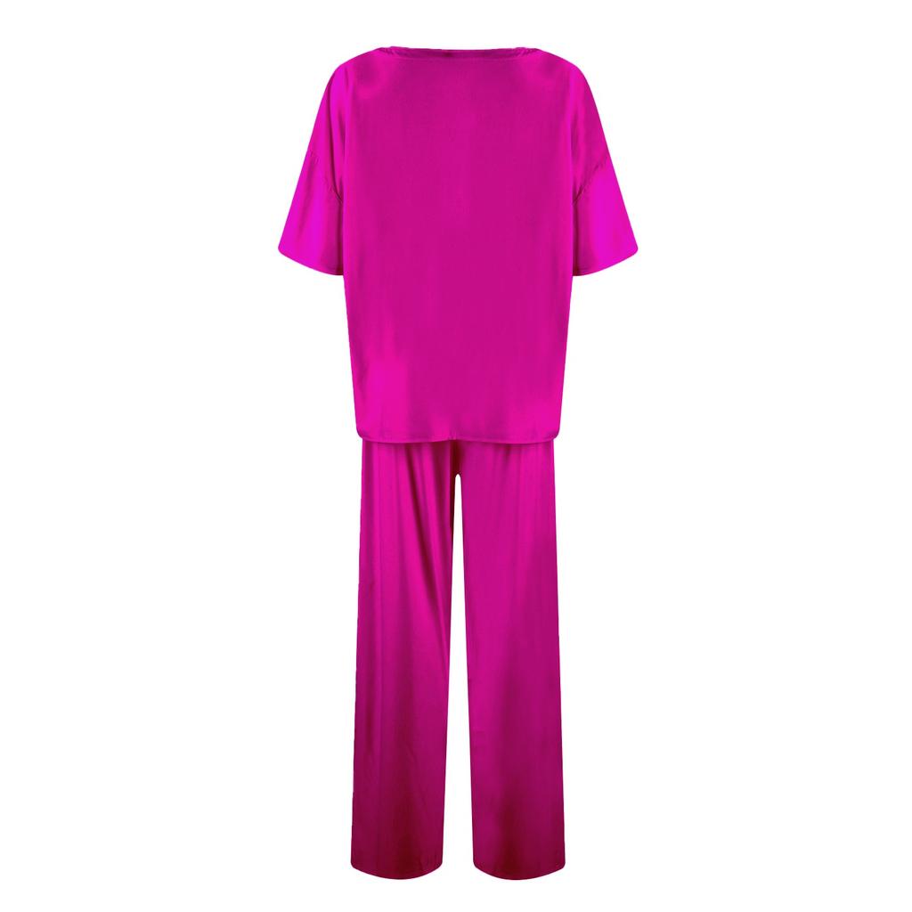 Women's Silk Solid Color Pajama Set Short Sleeve Shirt And Long Pajama Pants Set Soft Pajamas Loungewear
