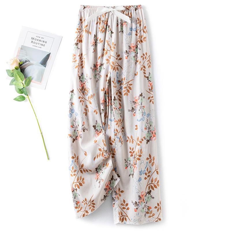 Pantaloni de pijama din bumbac mătase pentru femei, secțiune subțire de vară, anti-țânțari, pantaloni cu picior lat, culoare uni, pentru exterior, casă, petrecere a timpului liber, imprimeu, pantaloni de plajă până la genunchi