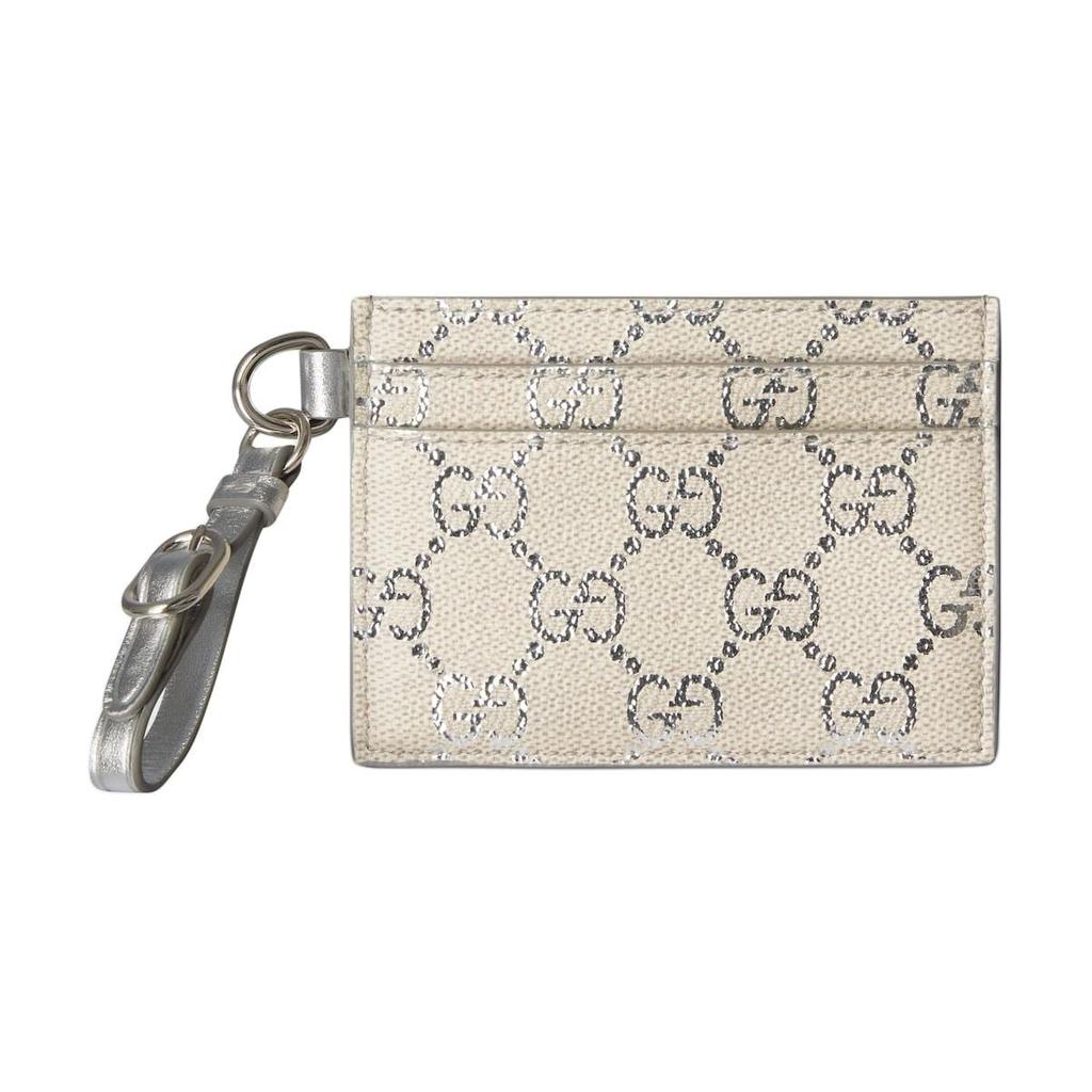 GUCCI GG Emblem Coated Textile, Leather Card Holder Regular Women's Light Beige & Silver 819121-FAFGH-8741