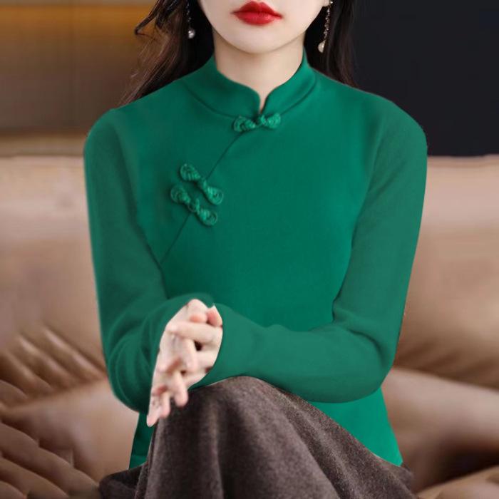 Velvet Plus Thickened Retro Long Sleeve T-shirt - Women's Embroidered Autumn/Winter Outerwear Base Layer