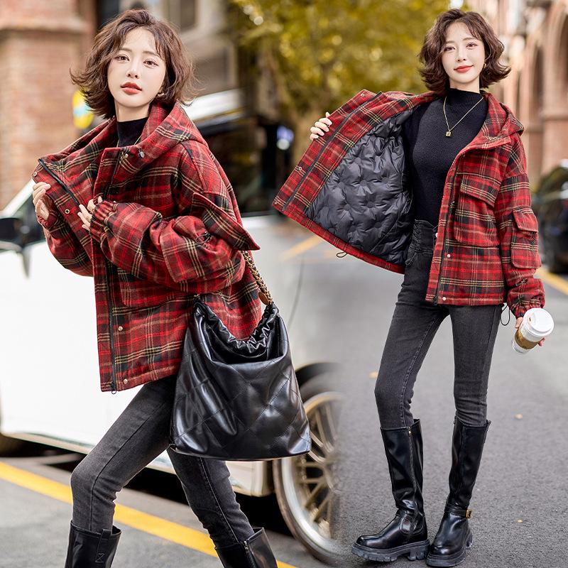 

Женский клетчатый пуховик с капюшоном - Мода осень/зима 2024, пух белой утки, SY853 XL 145-160 jin