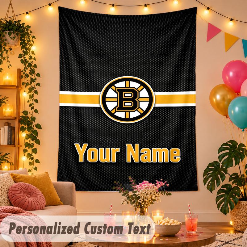 Boston Bruins Personalized Wall Tapestry Custom Name Text Polyester Hanging Decor Home Room
