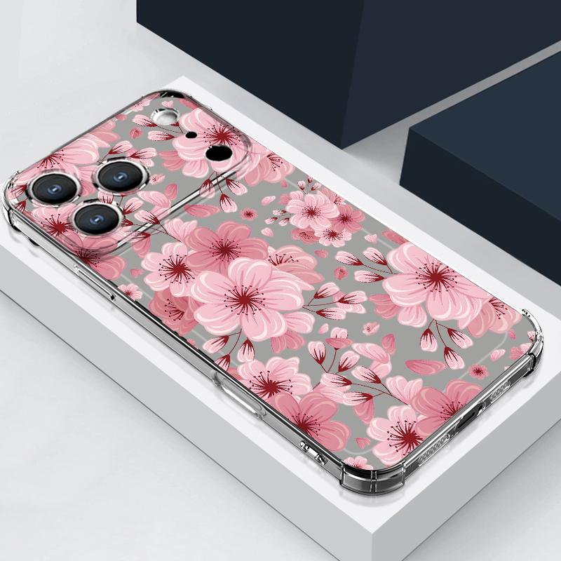 

Розовый чехол с узором цветущего персика для iPhone 17 Pro Max Coque iPhone 16 15 14 13 Pro Max 11 Ударопрочный прозрачный мягкий силиконовый чехол iPhone 17 Pro серый