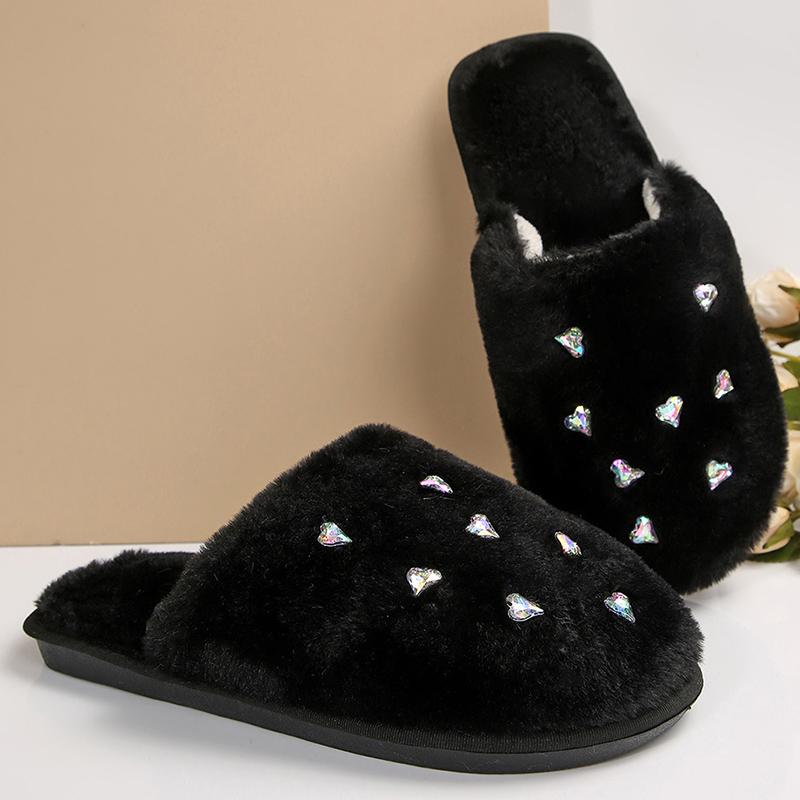 Fashion Fashion Heart Crystal Detor Fur Slippers Women Indoor Slip On Warm Plush Slippers Woman Winter Non Slip Light Cotton Slides Lady