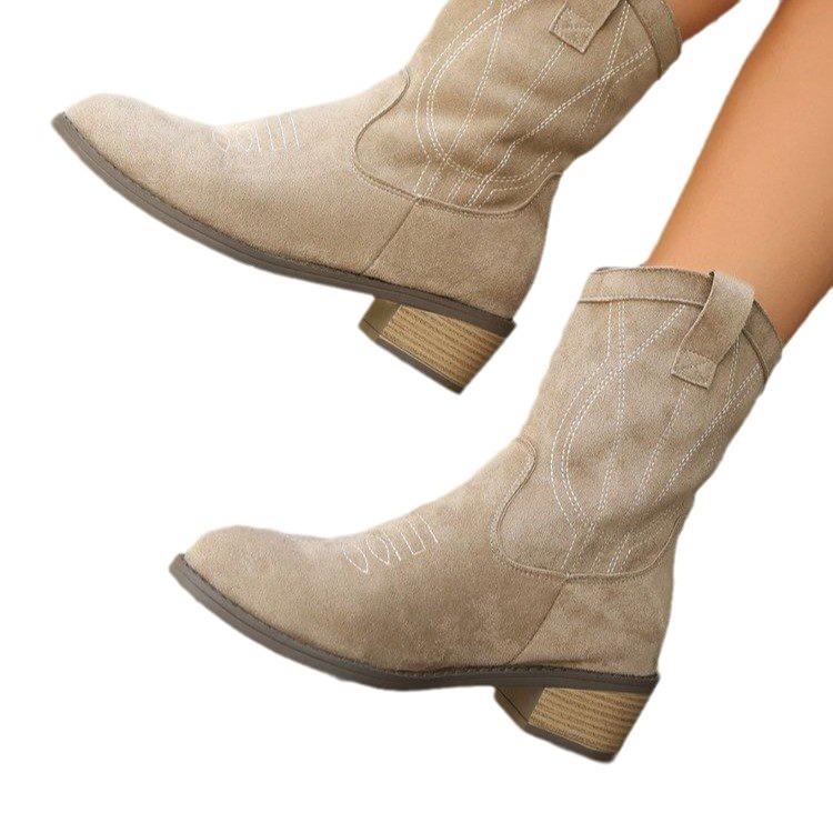 Cowboystiefel für Damen, Cowgirlstiefel, breite Westernstiefel mit mittelhoher Wadenhöhe, bestickte Stiefel mit quadratischer Zehenpartie, klobiger Blockabsatz, niedrige Absätze, Schlupfstiefel zum Überziehen für Damen