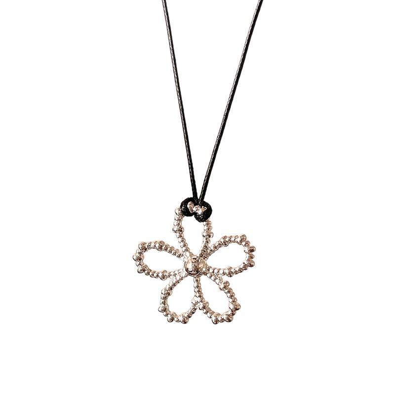 Silver Hollow Flower Pendant Necklace with Adjustable Leather Cord - 2025 Trendy Light Luxury Clavicle Chain