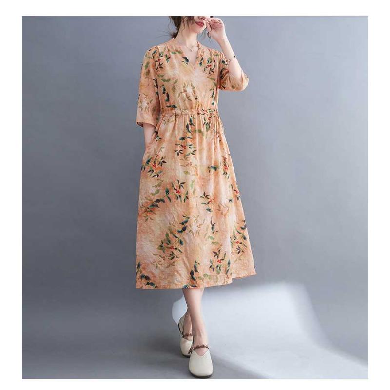 Plus Size V-ringad Långklänning Etniskt Tryckta Delade Ärmar Lös Midja Knytdetalj Klänningar