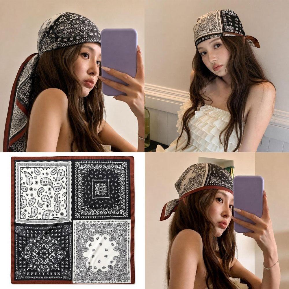 70x70cm Soft Satin Kerchief Retro Print Satin Hair Scarf Silk Square Scarf  For Women Ladies