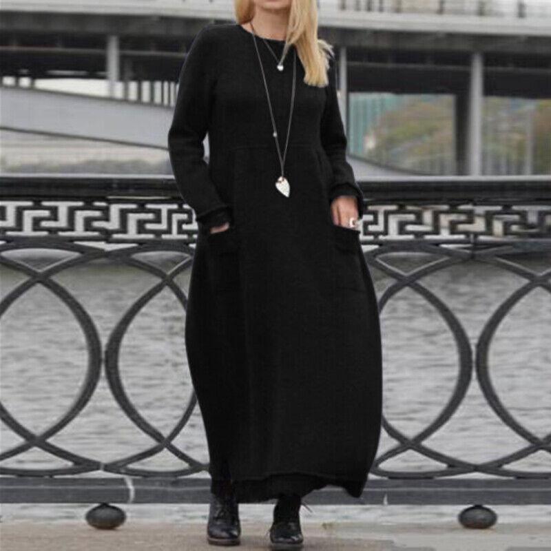 Women's Autumn and Winter Warm Fleece Long Sleeve Lace Sweater Dress Casual Pocket Dress