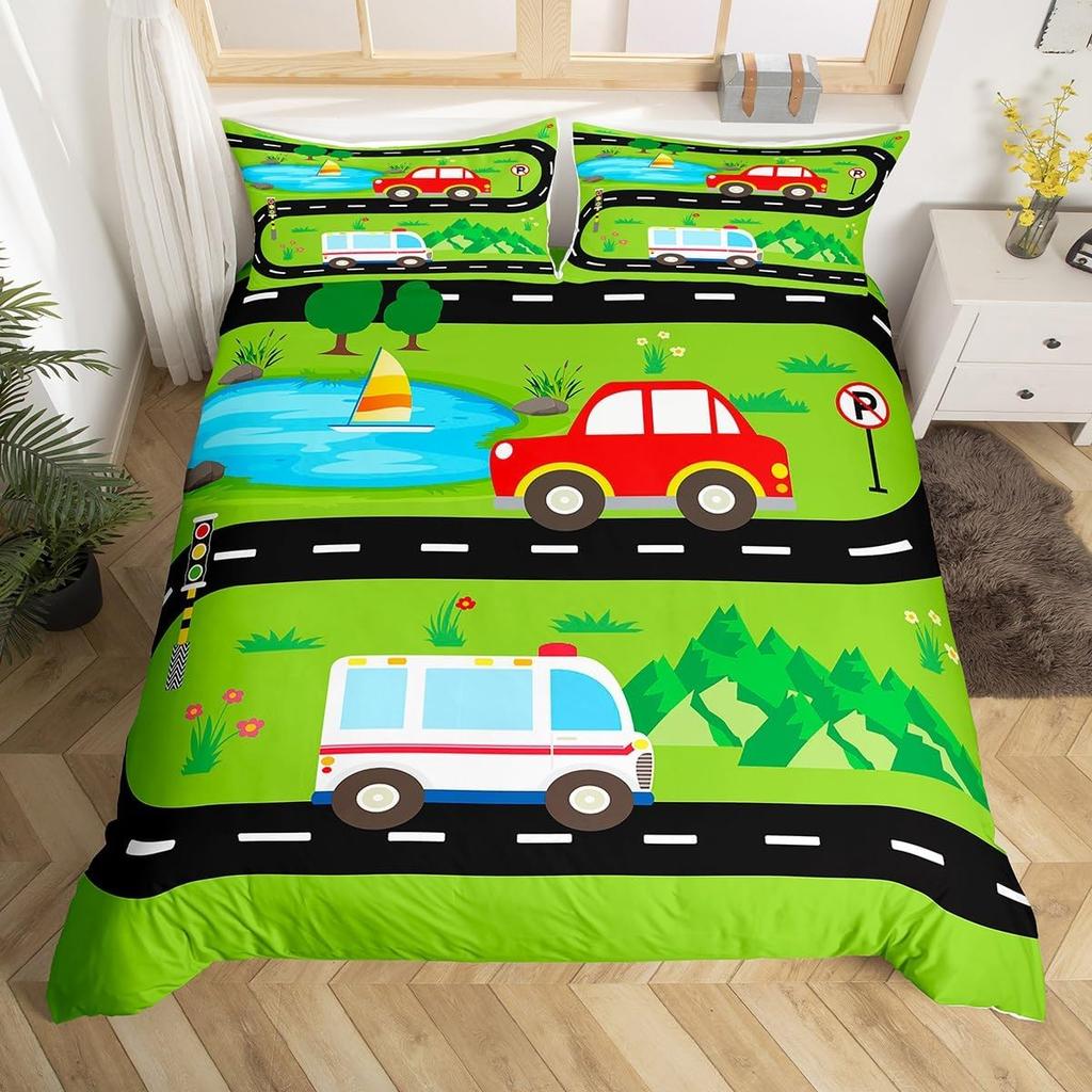 Colorful Cartoon Car Duvet Cover Set Twin King Train Truck Police Car Print Quilt Cover Cartoon Vehicle Bedding Set For Boy Teen