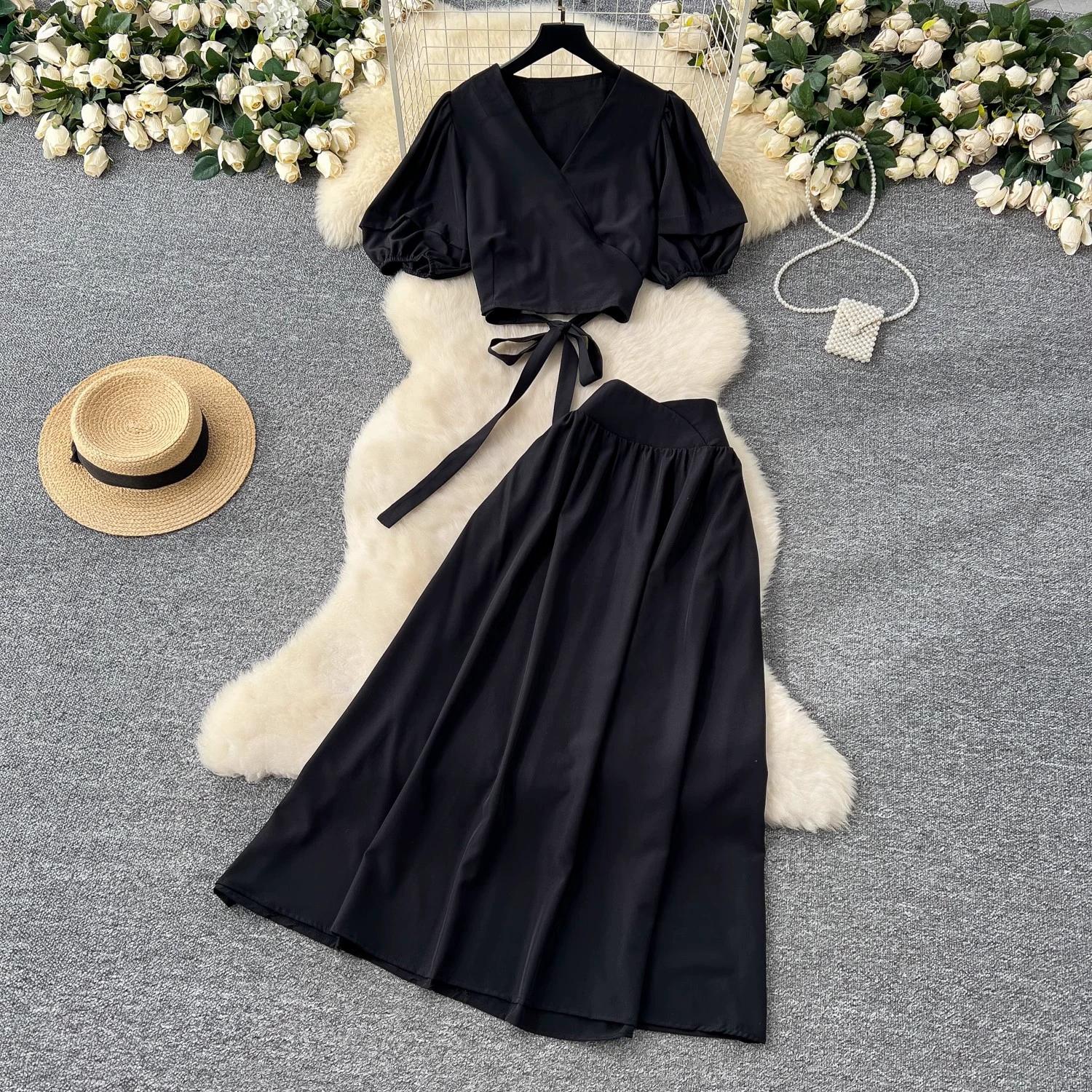 

French Style Set with Women s Design Sense, Tie Up Waist, V-neck, Bubble Sleeve Shirt, High Waist, Big Swing Skirt, Two-piece Skirt Set One Size чёрный
