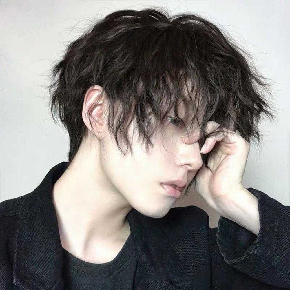 Tendenza Sintetica Uomo Parrucca Corta Riccia Naturale Nera Con Frangia Tipo di Testa Estensione Capelli Strumenti per lo Styling Per Cosplay Festa Copricapo