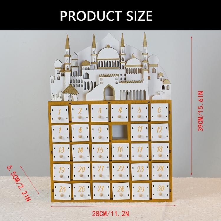 Ramadans Holz Countdown Kalender Schubladen Eid Mubarak Moschee Adventskalender Dekoration mit LED-Licht und 30 Schubladen