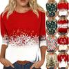 Women's Casual Christmas Print Neck Three-Quarter Sleeve T-Shirt Top