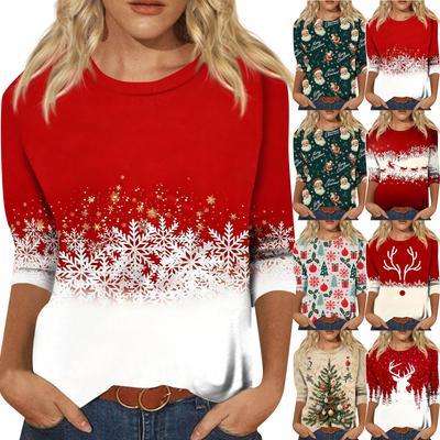 Women's Casual Christmas Print Neck Three-Quarter Sleeve T-Shirt Top