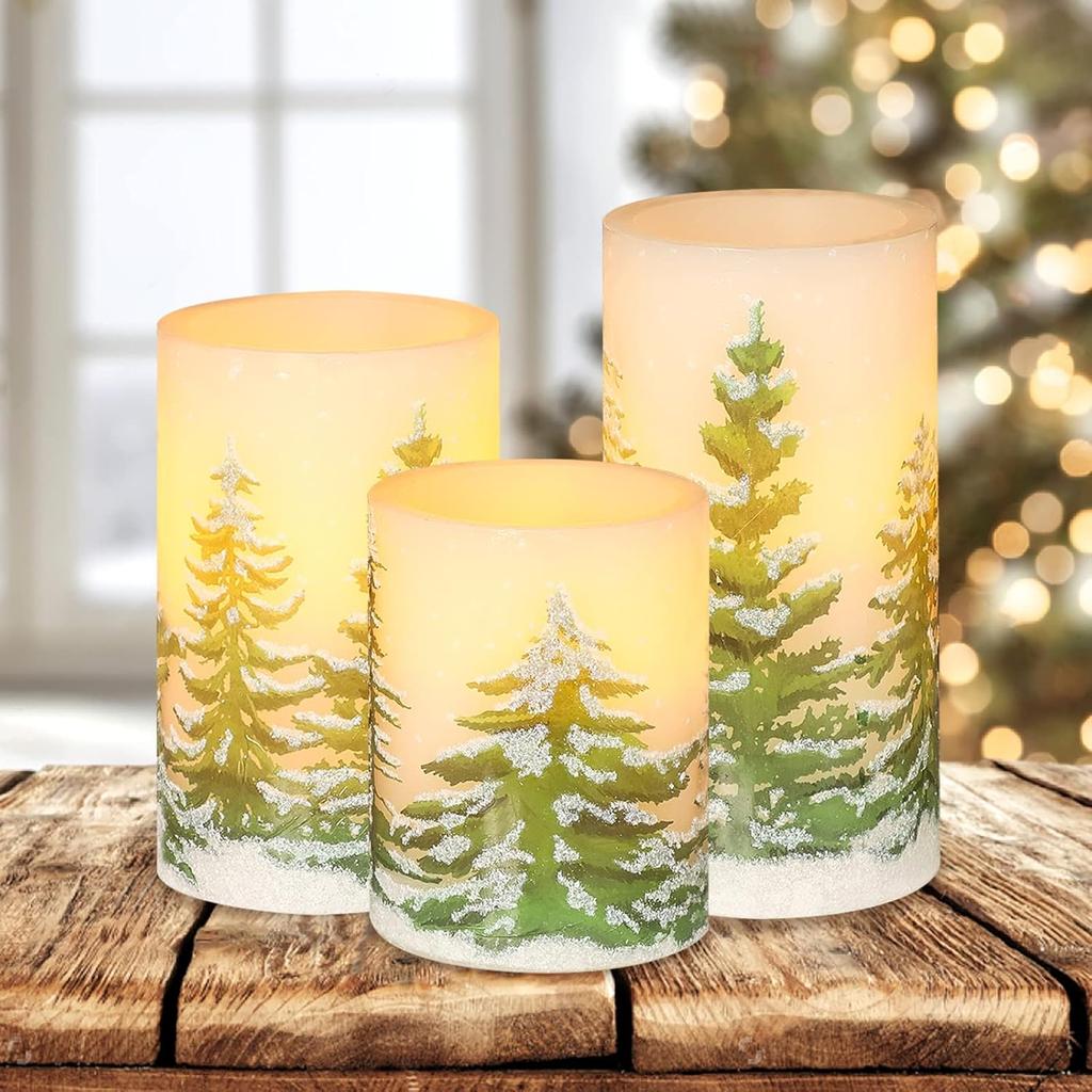 Christmas Flameless Candles with Timer, Battery Operated Wax Led Pillar Candles, Christmas Tree Flickering Candles for Holiday Home Decor, Gift Set