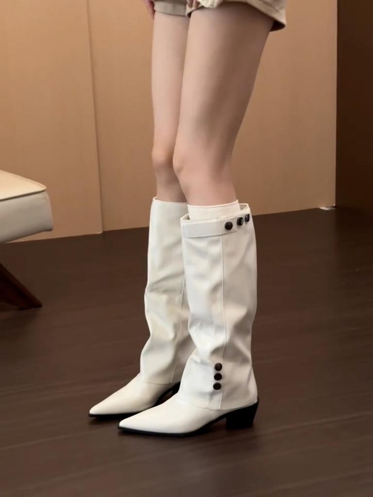 2025 French Temperament Pointed Boots Women's Thick Heels But Knee Spice Girls Pant Boots Retro Knight Boots.