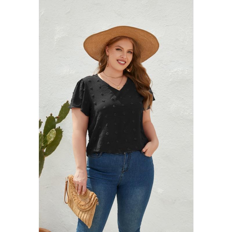 Womens Plus Size Swiss Dot Blouse V Neck Short Sleeve Casual Loose Top XL чёрный