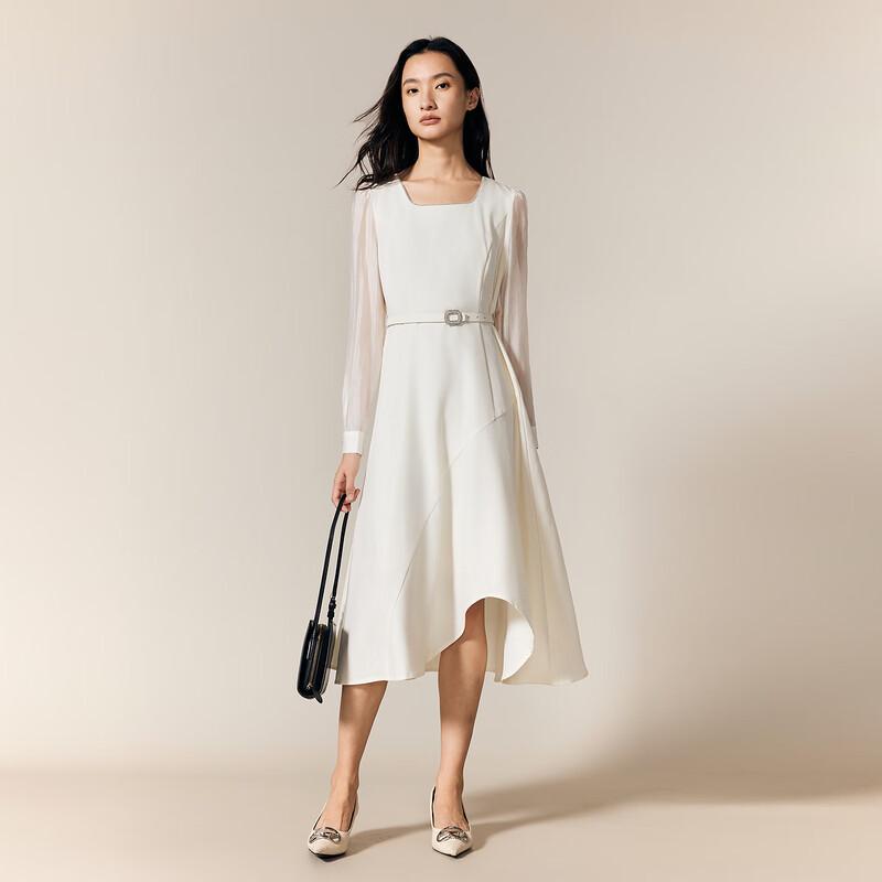 

Women s Autumn Square Neck Long Sleeve Waist-Cinching Dress M