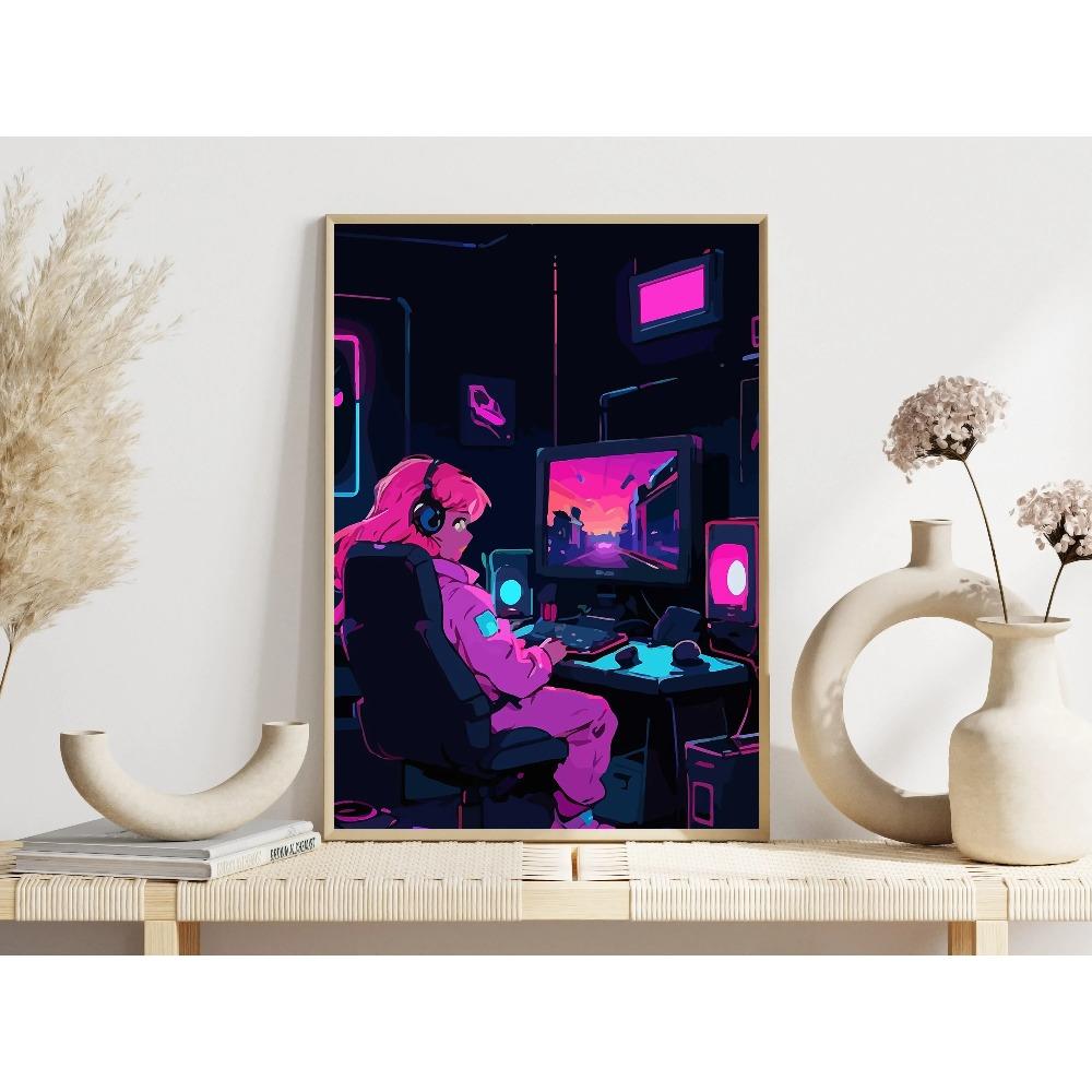 Retro-Futuristic Gaming Setup Posters Neon Lights Basket Ring Game Room Modern Prints Canvas Wall Picture Home Living Room Decor