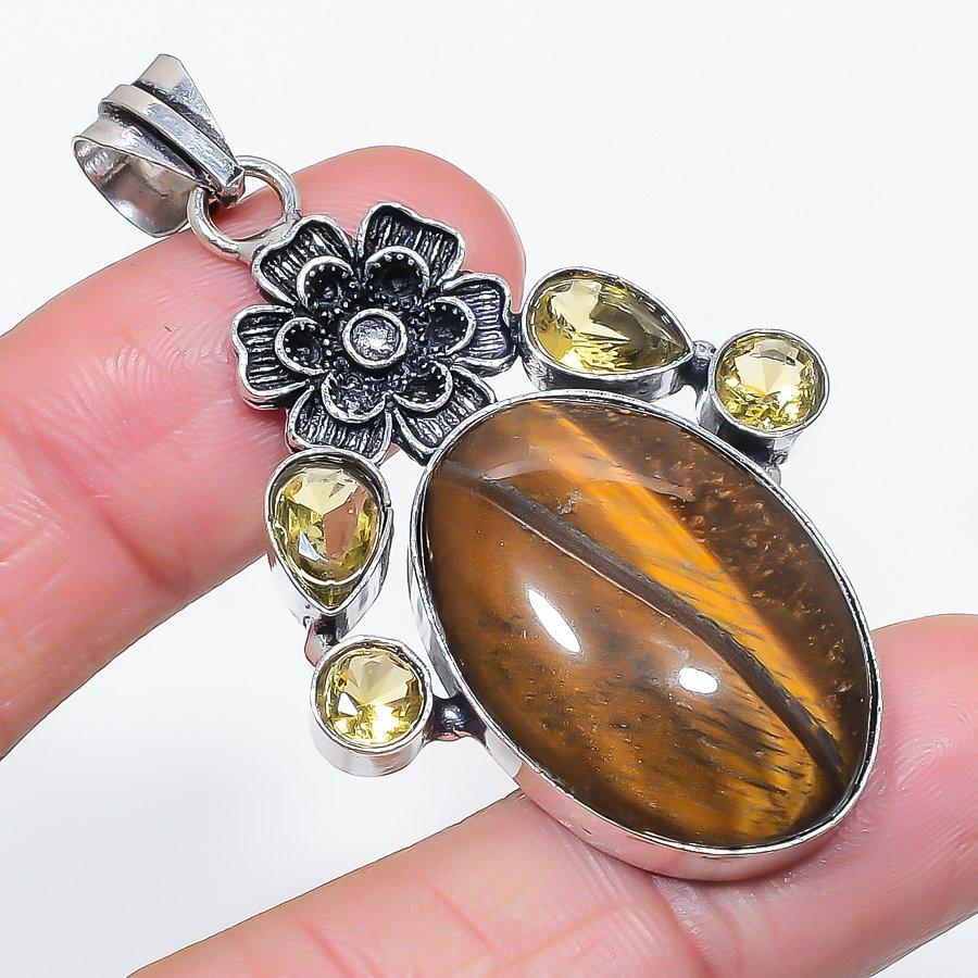 Natural Tiger Eye, Citrine 925 Sterling Silver Jewelry Pendant 2.36" y0W24