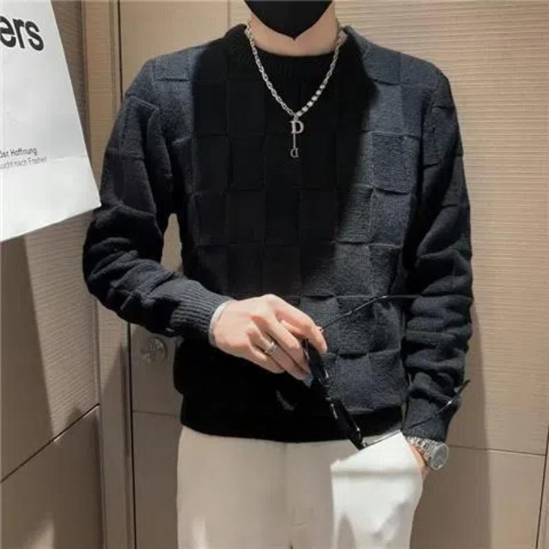 Korean Autumn/Winter New Sweaters Men's O-Neck Solid Chessboard Pattern Fashion Casual Loose Long Sleeve Pullovers Knitted Tops