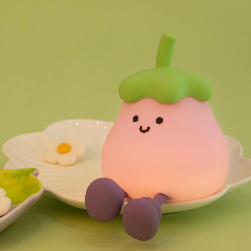LED Cute Night Light for Kids, Soft Silicone Cartoon Night Lamp, Pink Eggplant Shape with Smile-Battery Powered Baby Night Light