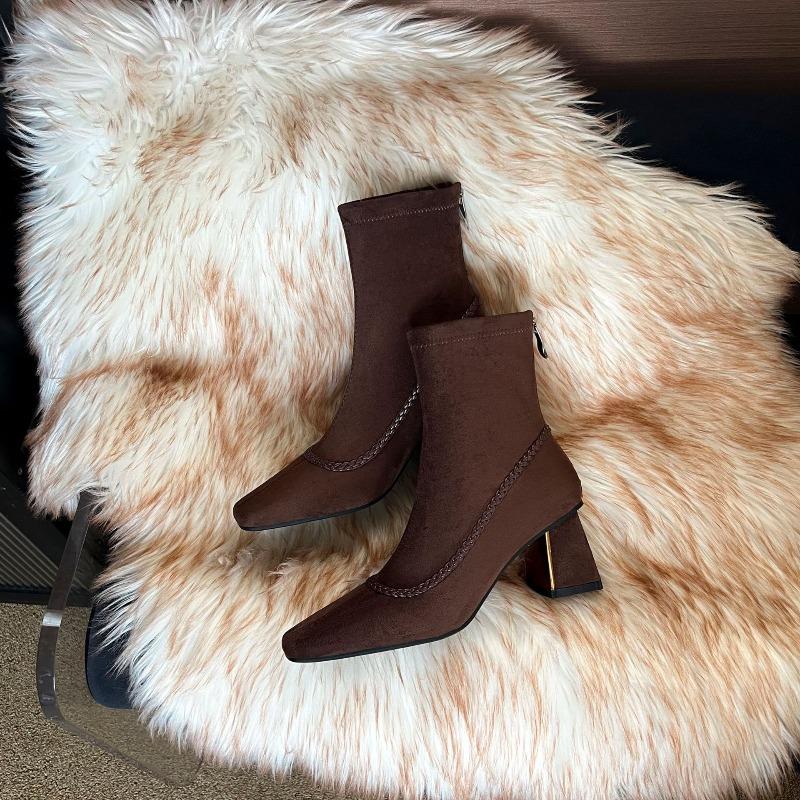 Sewing line rear zipper temperament square head cashmere high heel short boots women's autumn and winter thick heel thin boots