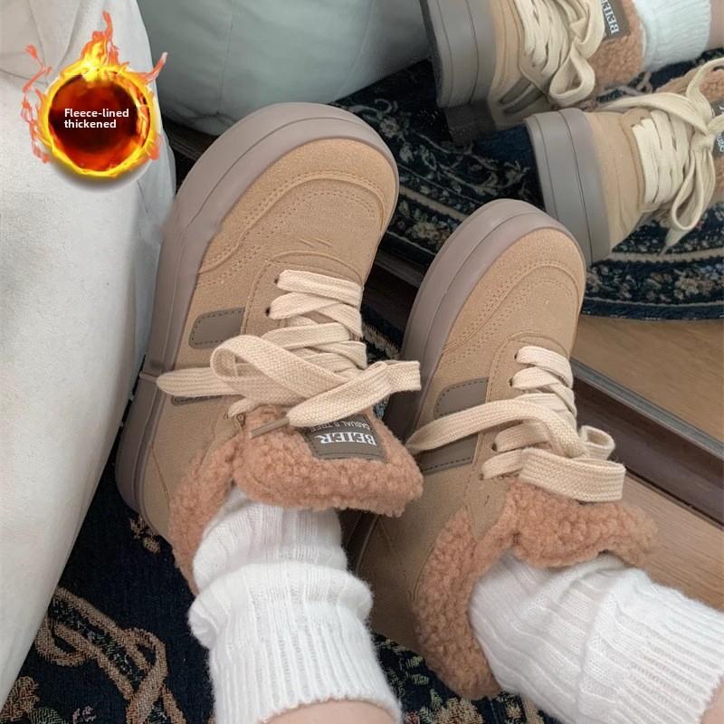 Moda Feminina Tênis de Plataforma Vintage Tênis de Salto Grosso Quentes Peludos Casuais para Corrida Plataforma Esportivo Sapatos Brancos