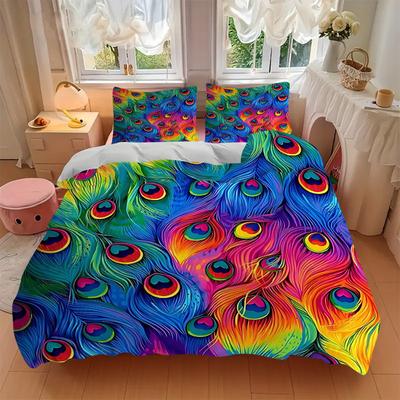 3pcs Colorful Peacock Feather Print Comforter Set with One Quilt Cover and Two Pillowcases (No Core) - Home Decor, Festival Gift, Polyester Fabric, An