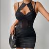 European and American New Perspective Hollow Sleeve Neck Strap Splicing Street Spice Girl Style Pleated Hip Wrap Dress