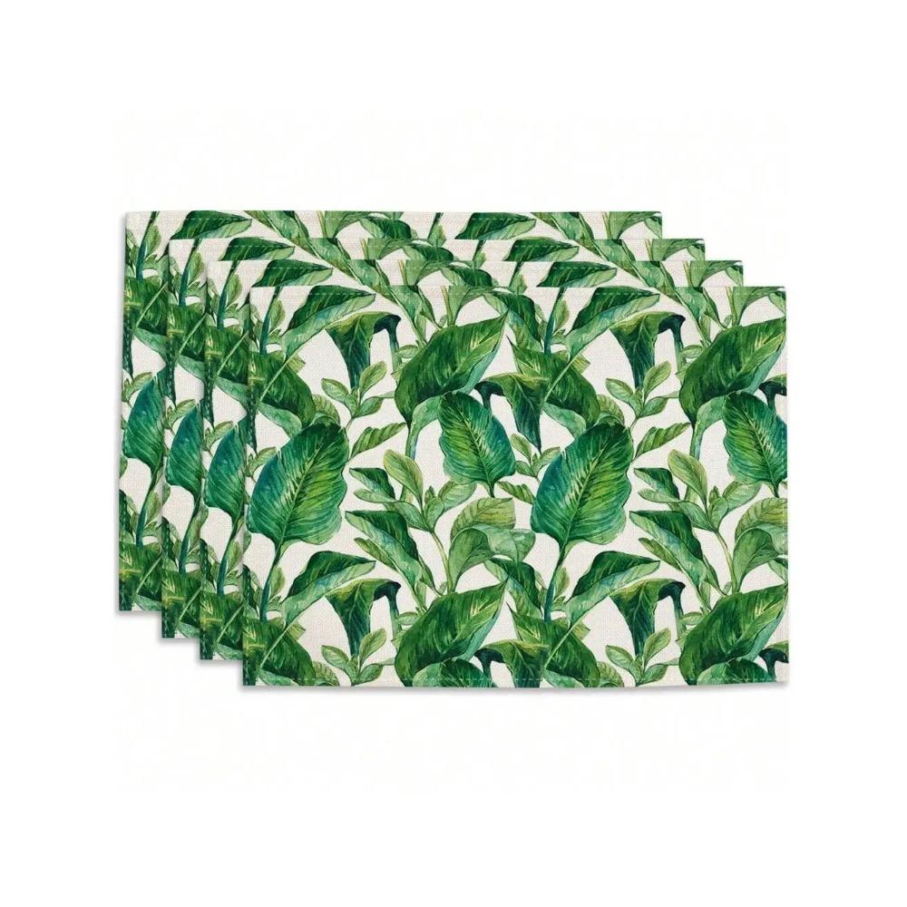 4pcs Tropical Leaf Printing Table Placemats Green Leaves Printed for Tables Linen Table Mat Home Kitchen Dining Pads