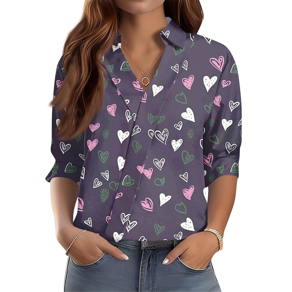 Damen 3/4-Ärmel V-Ausschnitt Hemd Bedruckte Arbeitskleidung Lässig Regulär Hemdkragen Oberteil