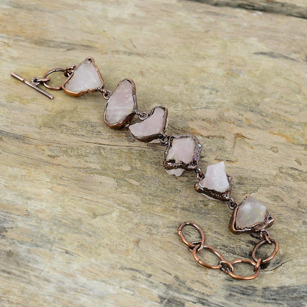 Rose Quartz Rough Bracelet Electroformed Copper Bracelet Adjustable Chain Bracelet Gemstone Bracelet For Gift Handmade Electroformed Jewelry
