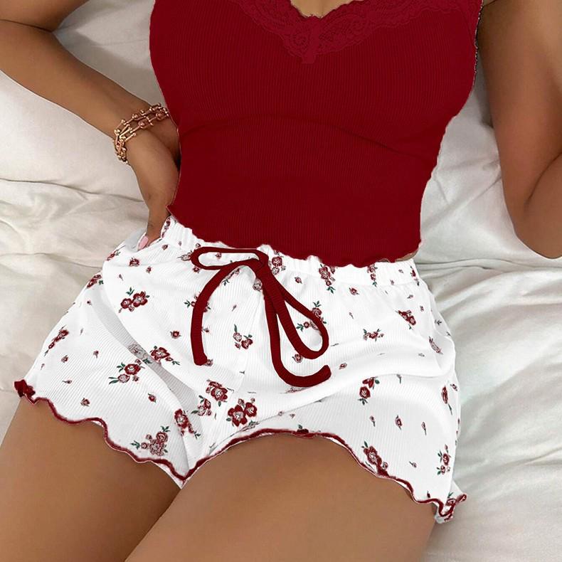 

Европейский и американский женский кружевной комплект майки и шорт - Удобная эластичная домашняя одежда XL вино красного