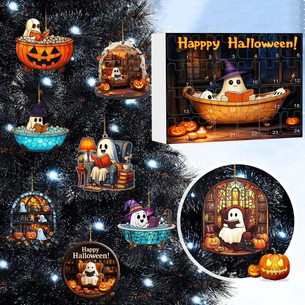 2025 Halloween Advent Calendar, 24 PCS Acrylic Ghost Reading Hanging Decorations, 2D Flat Acrylic Ghost Reading Hanging Ornament, Countdown Decor