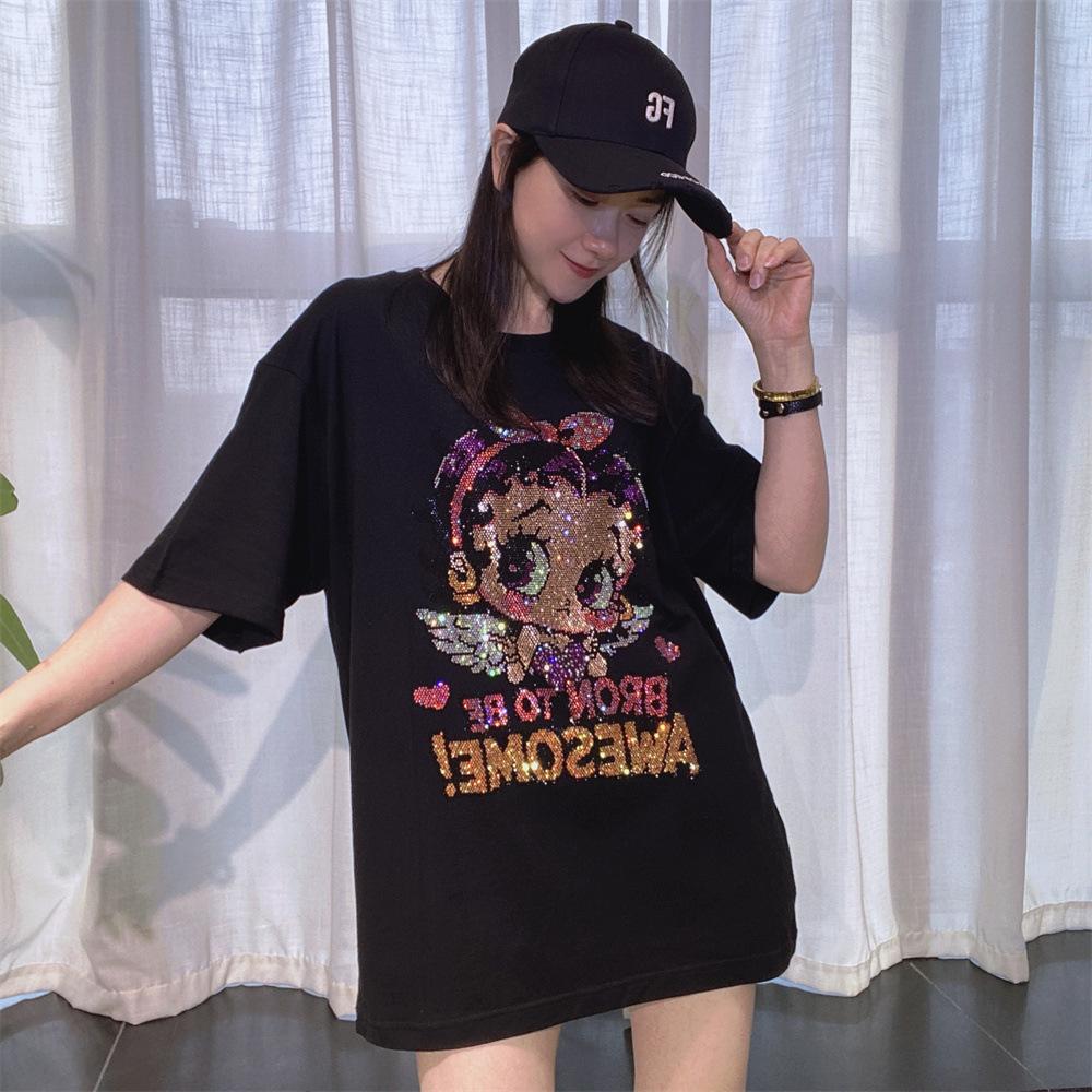 Plus Size Cartoon Girl Pattern Diamonds Short Sleeve Tees for Women Summer Clothing Thin Casual Loose O Neck T Shirt Knitwear