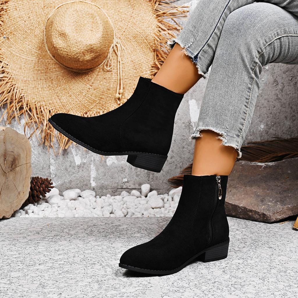 Foreign Trade New Pointed Short Tube Side Zipper Martin Boots Women's Cross-border Large Size Fashion Medium Heel Thin Bare Boots