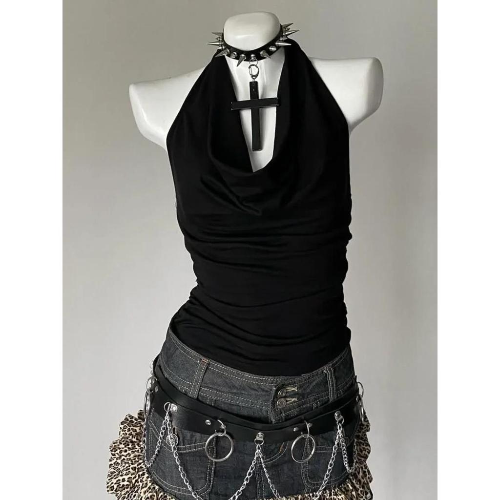 Trendy Black Halter Cowl Neck Slimming Tank Top for Women