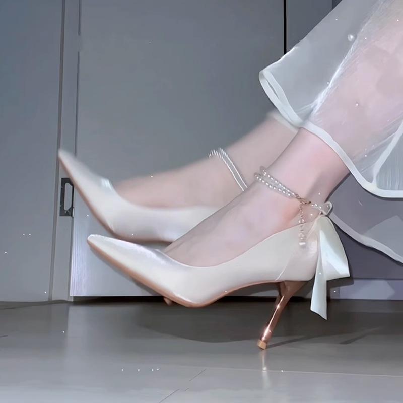 Fashion 2025 French Satin Single Shoes Bride with Wedding Dress Wedding Shoes Stiletto Bar Mitzvah High Heels