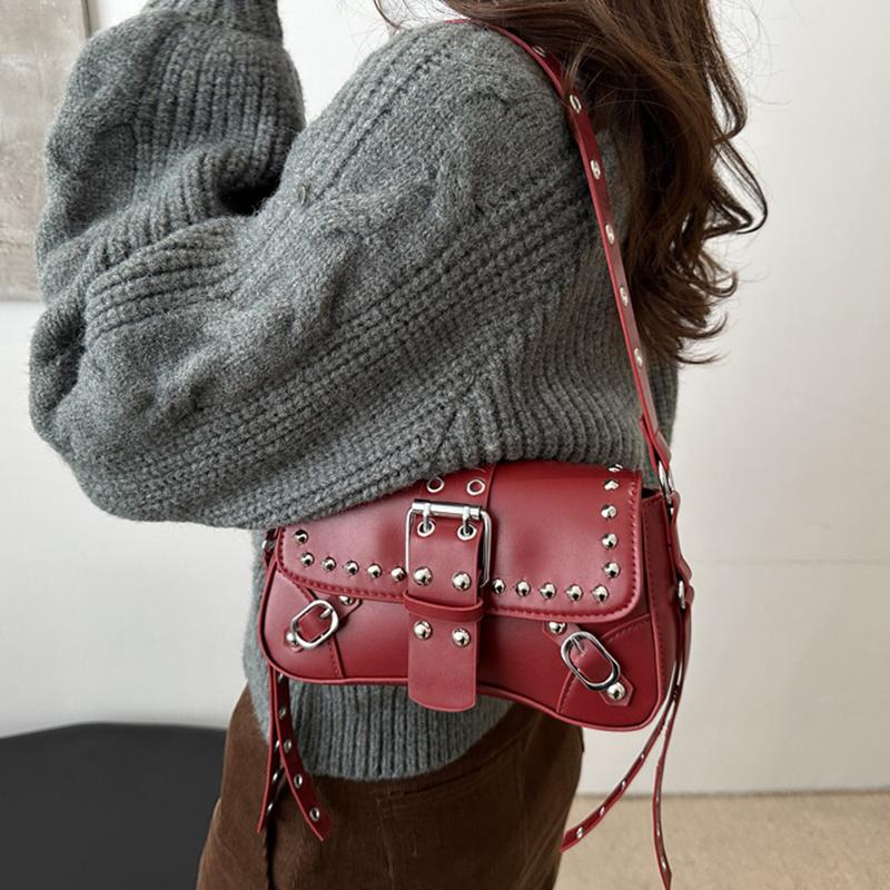 Trendy Motorcycle Punk Style Shoulder Bag for Women Solid Color Fashion Rivet Commuter Small Square Underarm Bag