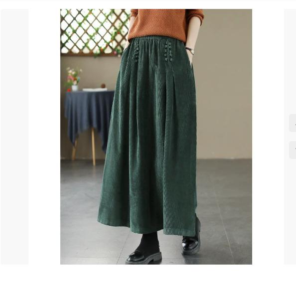Women Vintage Corduroy A-Line Skirts Elastic Waist Solid Color Patchwork Pockets 2025 Spring New Thick Women Skirts