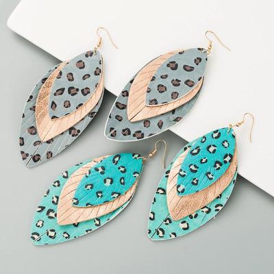 Women Leopard Print Drop Earrings Titanium Steel Leaf Shape Multi-layer PU Leather Bohemia Ear Ornaments