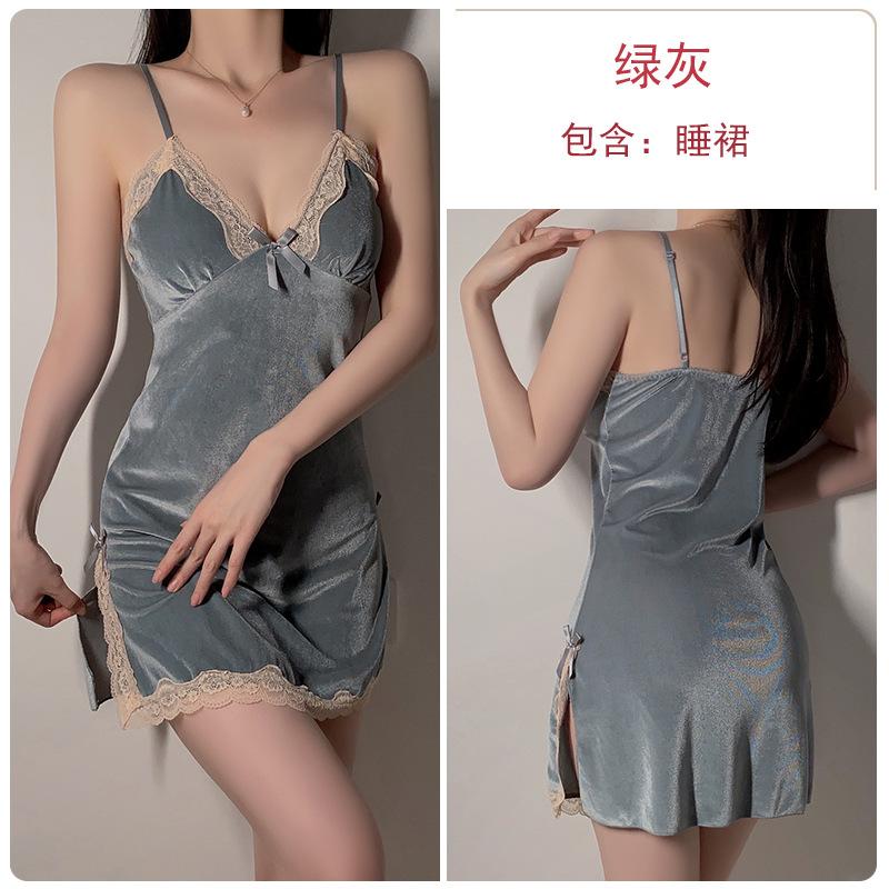 Women's Velvet Lace Warm Cami Sleep Dress with Robe Lounge Set