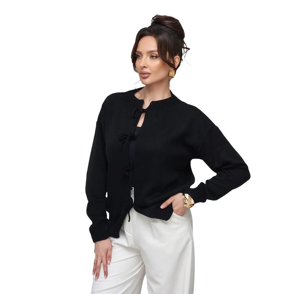 Women's Loose Fit Long Sleeve Color Knit Cardigan with Tie Waist for Casual Wear