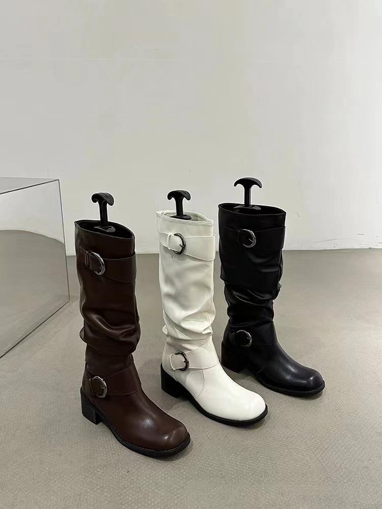 2025 autumn and winter new fashion versatile niche design wasteland wind tall women's boots retro pleated thick heel pile