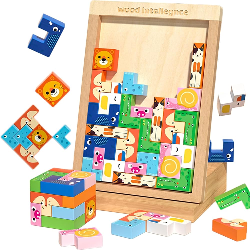 Bajoy 4 in 1 Montessori educational toy wooden puzzle Tetris jigsaw puzzle building blocks 3D thr...