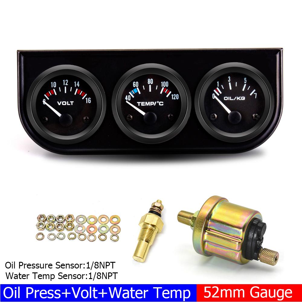 2" 52MM Triple-Anzeige 3 in 1 Wassertemperaturanzeige Öldruckanzeige Öltemperaturanzeige mit Sensor 1/8 NPT Spannung für Rennwagen
