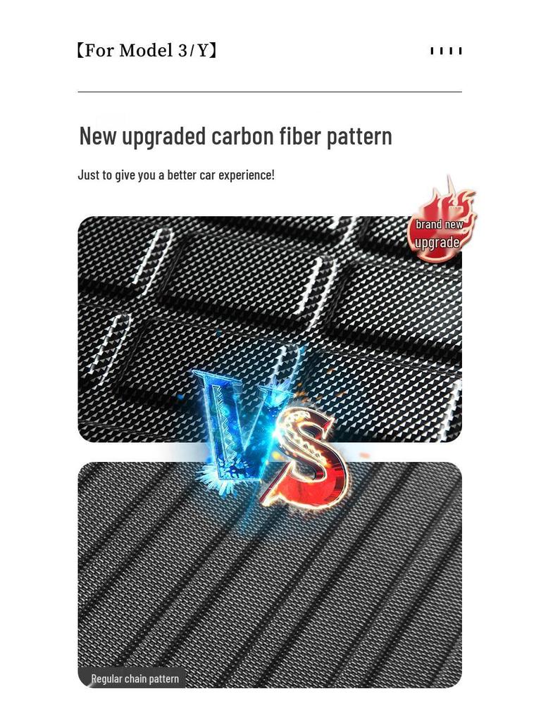 Tesla Model 3 & Y Carbon Fiber Texture Trunk Mats: Eco-friendly, Waterproof TPV Mats for Front & Rear.